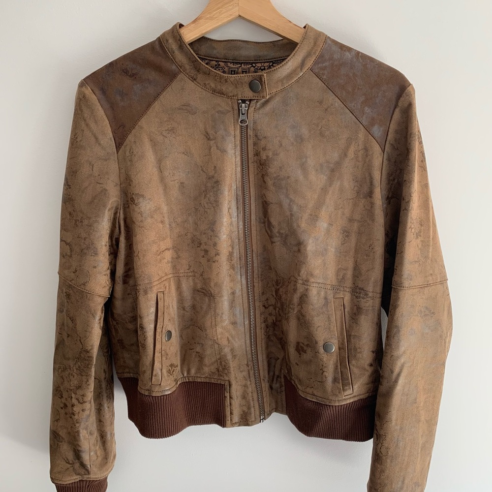 ANTHROPOLOGIE HEI HEI Brown Vegan Faux Leather Knit Cuff Bomber Jacket Coat